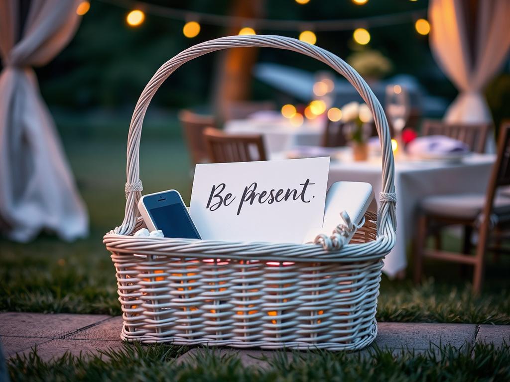 Elegant phone collection basket with a handwritten 'Be Present' note