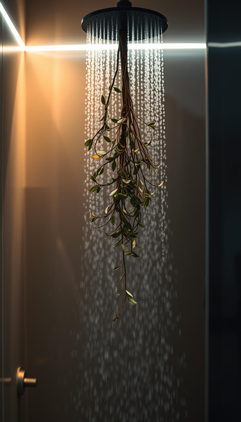 Eucalyptus hanging in a steamy shower with soft lighting, romanticizing daily routines