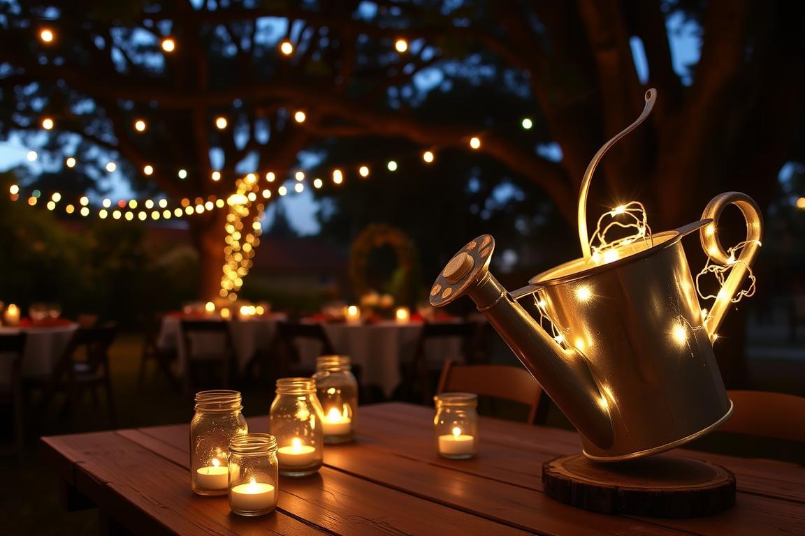 Evening lighting for a Garden-to-Table Harvest Dinner with lanterns and string lights
