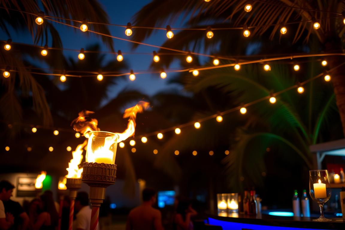 Evening tropical party setting with string lights, tiki torches, and glowing elements