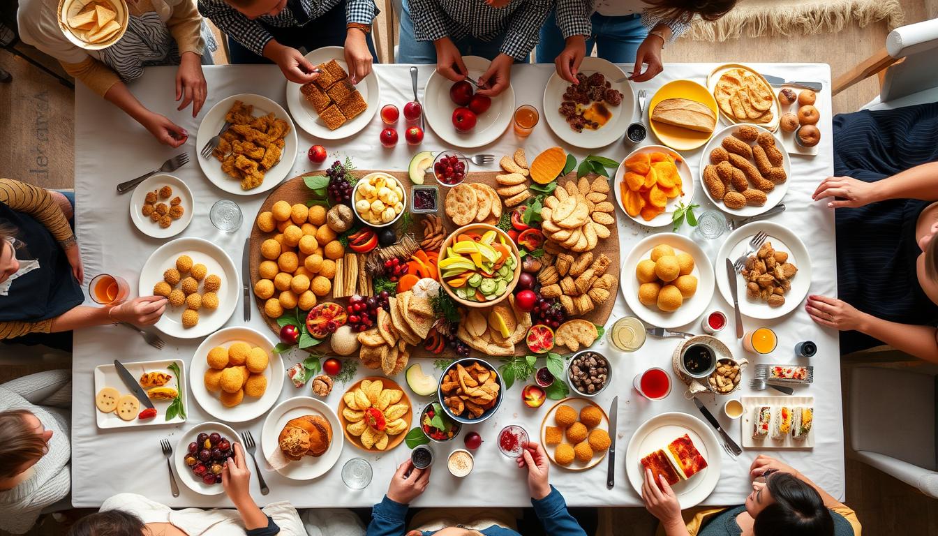 Final overhead view of a complete grazing brunch party spread with guests enjoying the experience