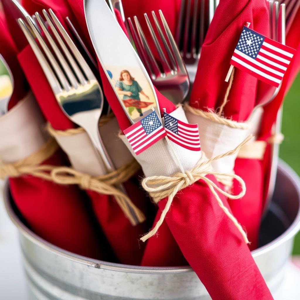 Flatware wrapped in napkins with twine and mini flags for 4th of July