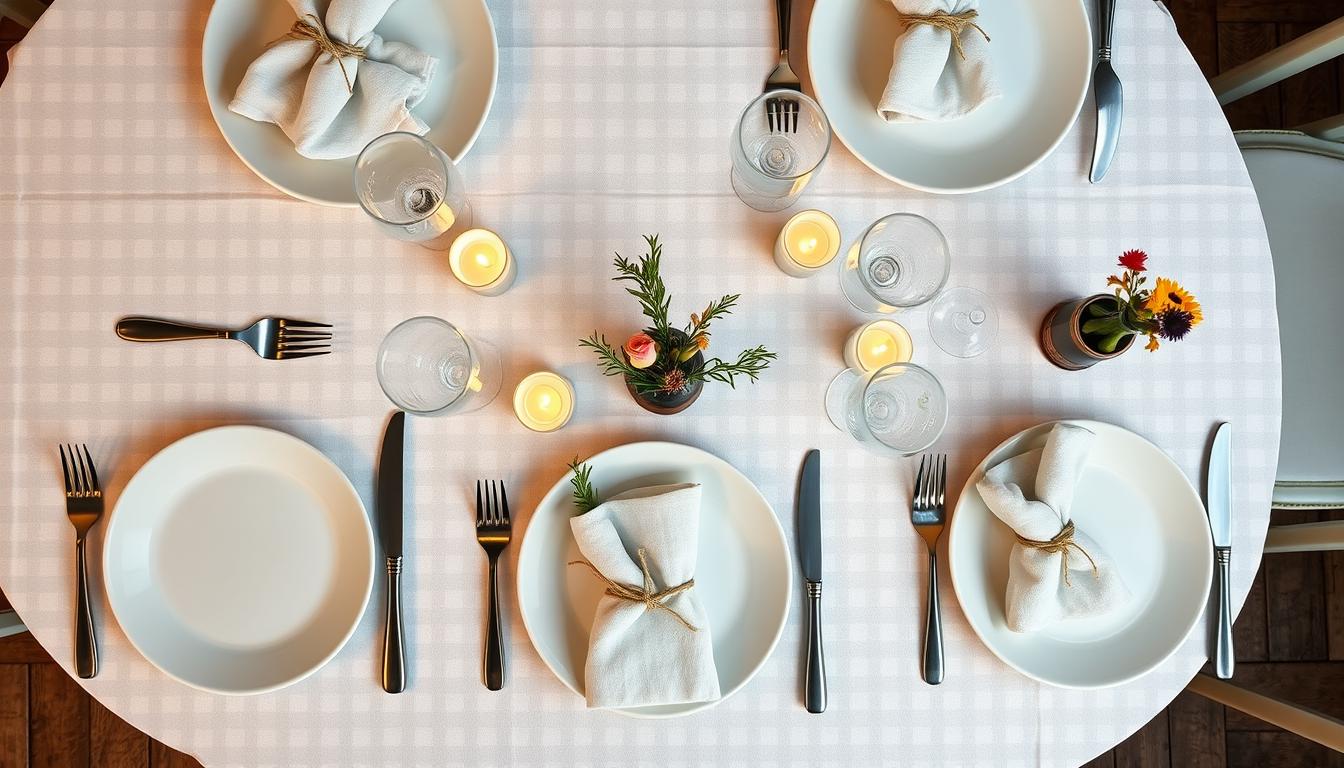 French bistro table setting with proper placement of dinnerware, glassware, and decorative elements