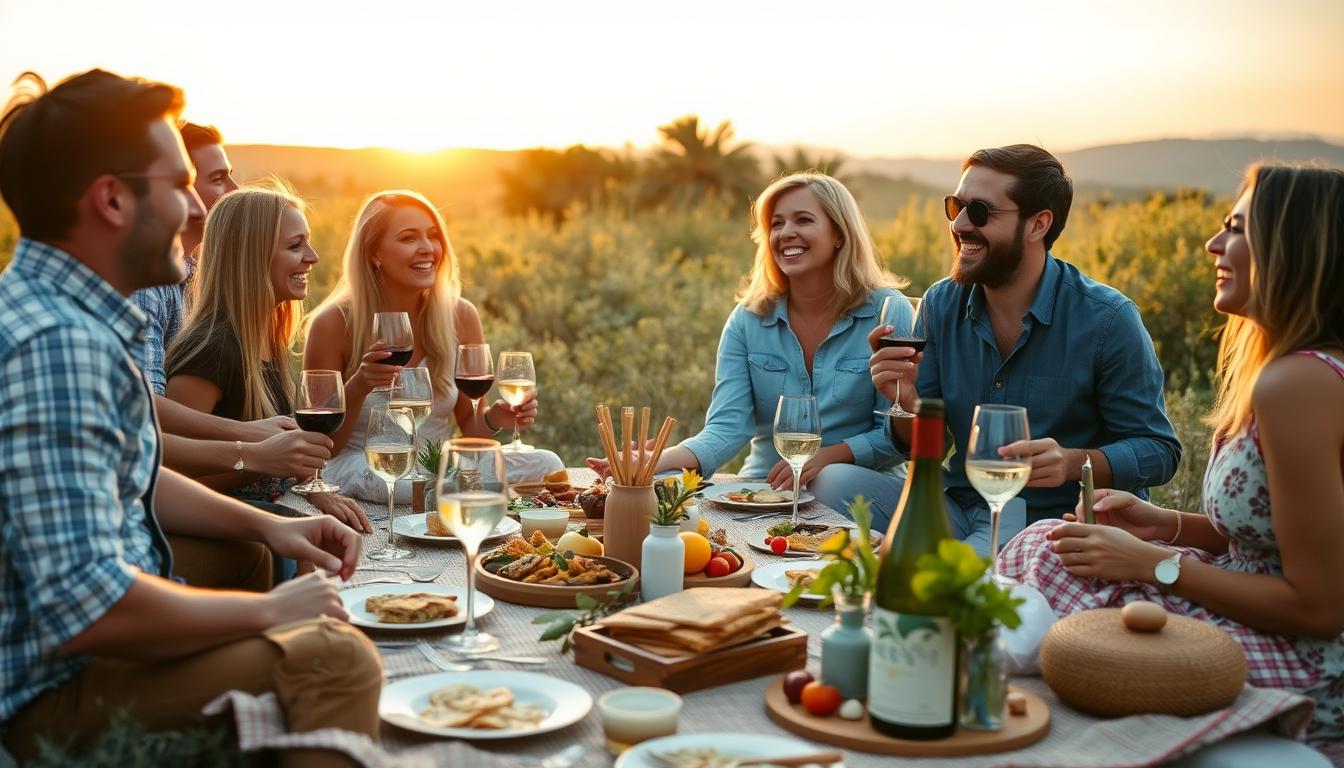 Friends enjoying a complete Provence-Inspired Picnic Soirée