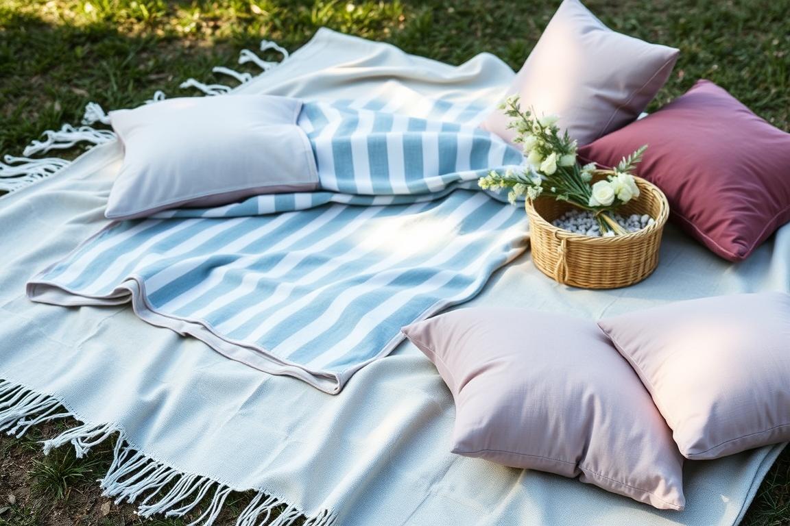 Layered blankets and textiles for a Provence-Inspired Picnic Soirée