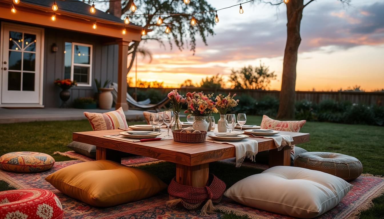 Low table setting for Boho Backyard Dinner with floor cushions and string lights Low table setting for Boho Backyard Dinner with floor cushions and string lights