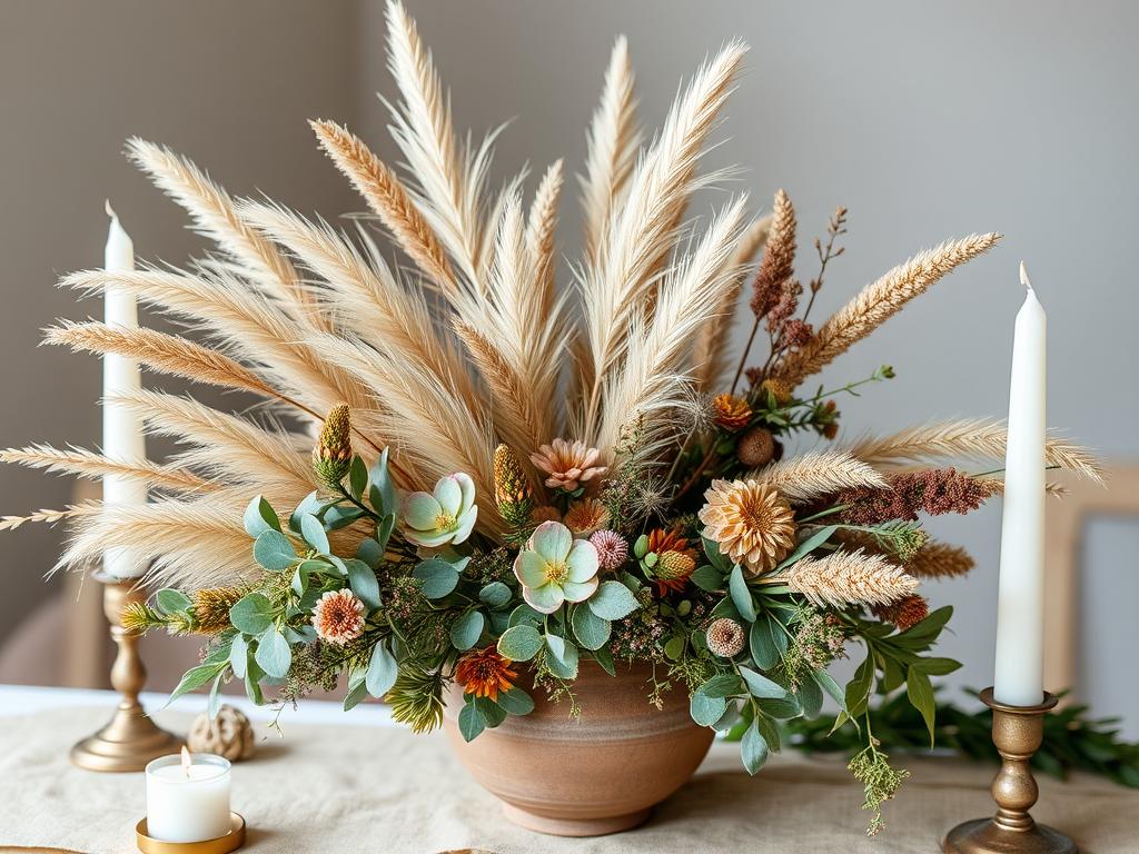 Natural boho centerpiece with dried and fresh elements