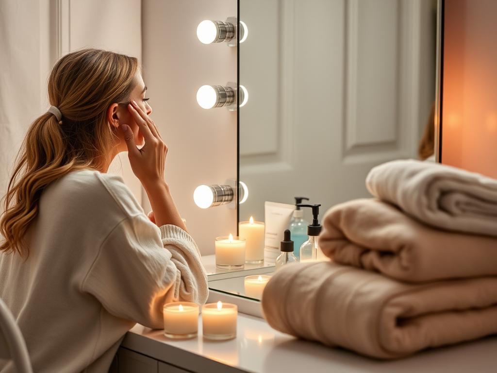 Person performing skincare routine with candles lit nearby, romanticizing daily routines