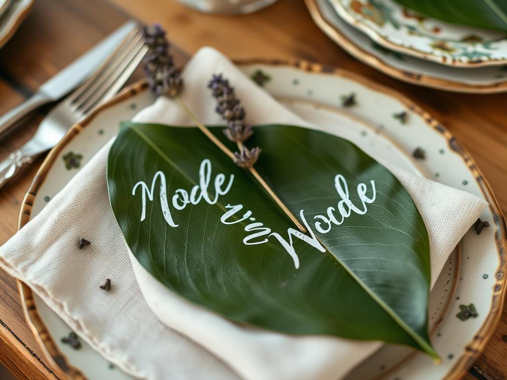 Personalized place settings with names written on leaves for Boho Backyard Dinner