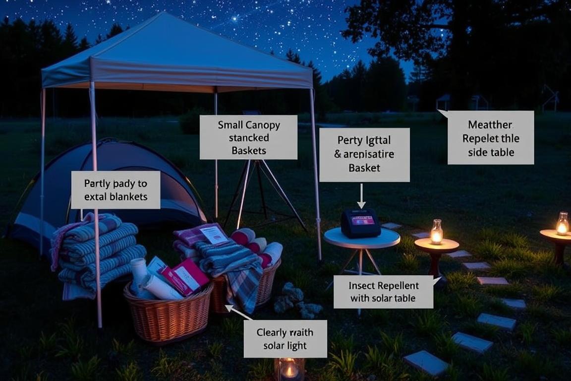 Practical setup for Starry Night Dinner & Stargazing showing weather protection, comfortable seating, and lighting transitions
