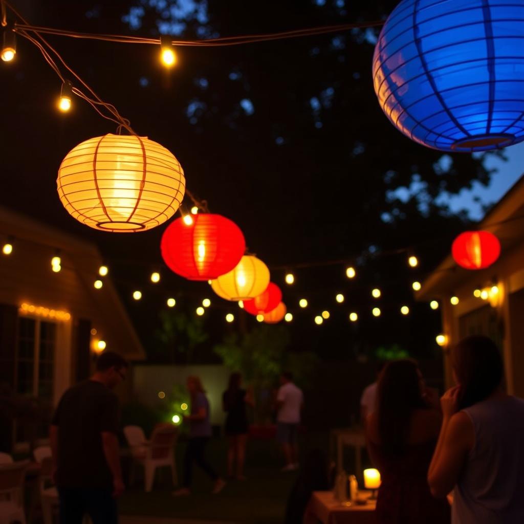 String lights and lanterns creating ambiance for an evening Independence Day celebration