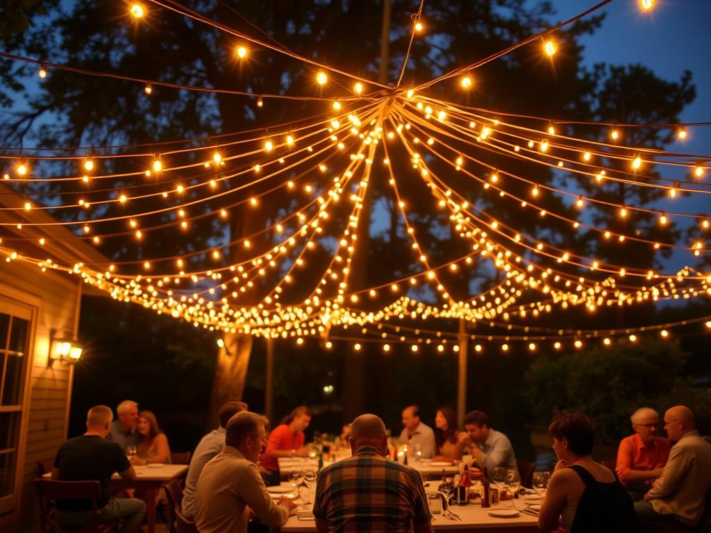 String lights creating a magical canopy over an outdoor dinner party table