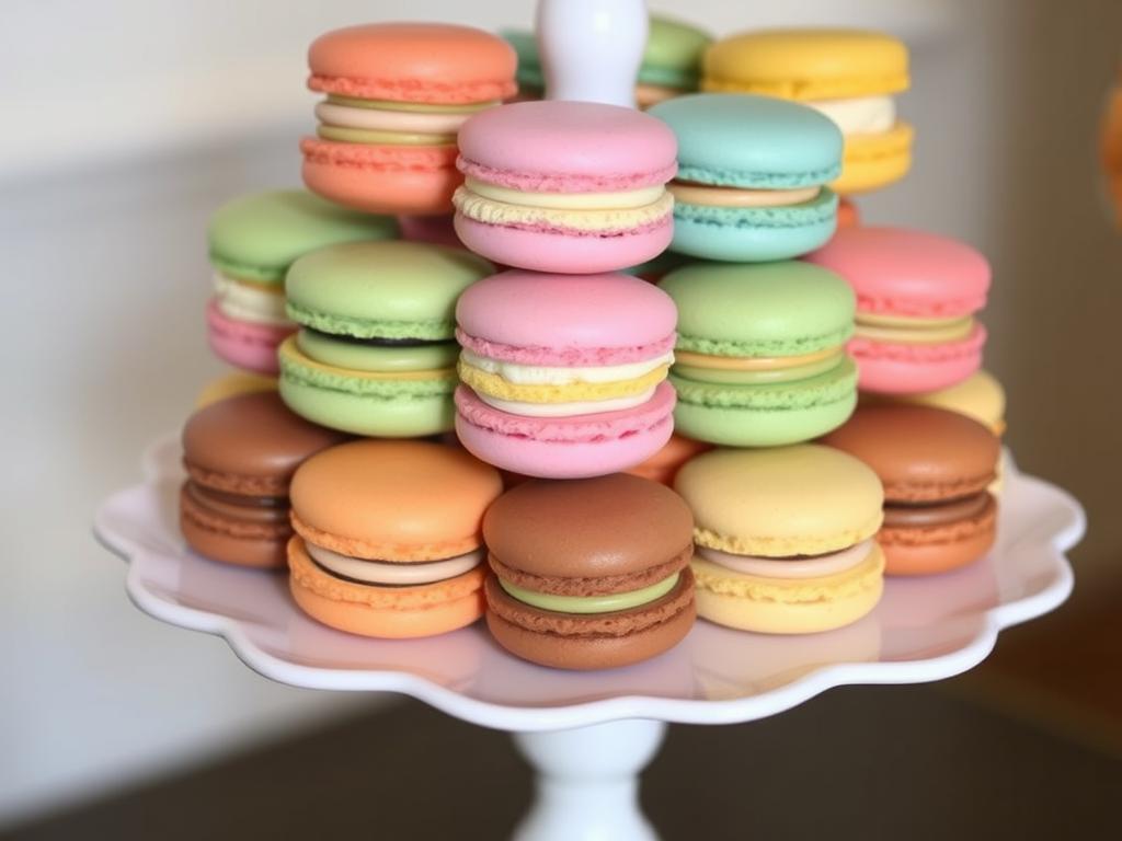 French macarons in various colors arranged on a tiered display