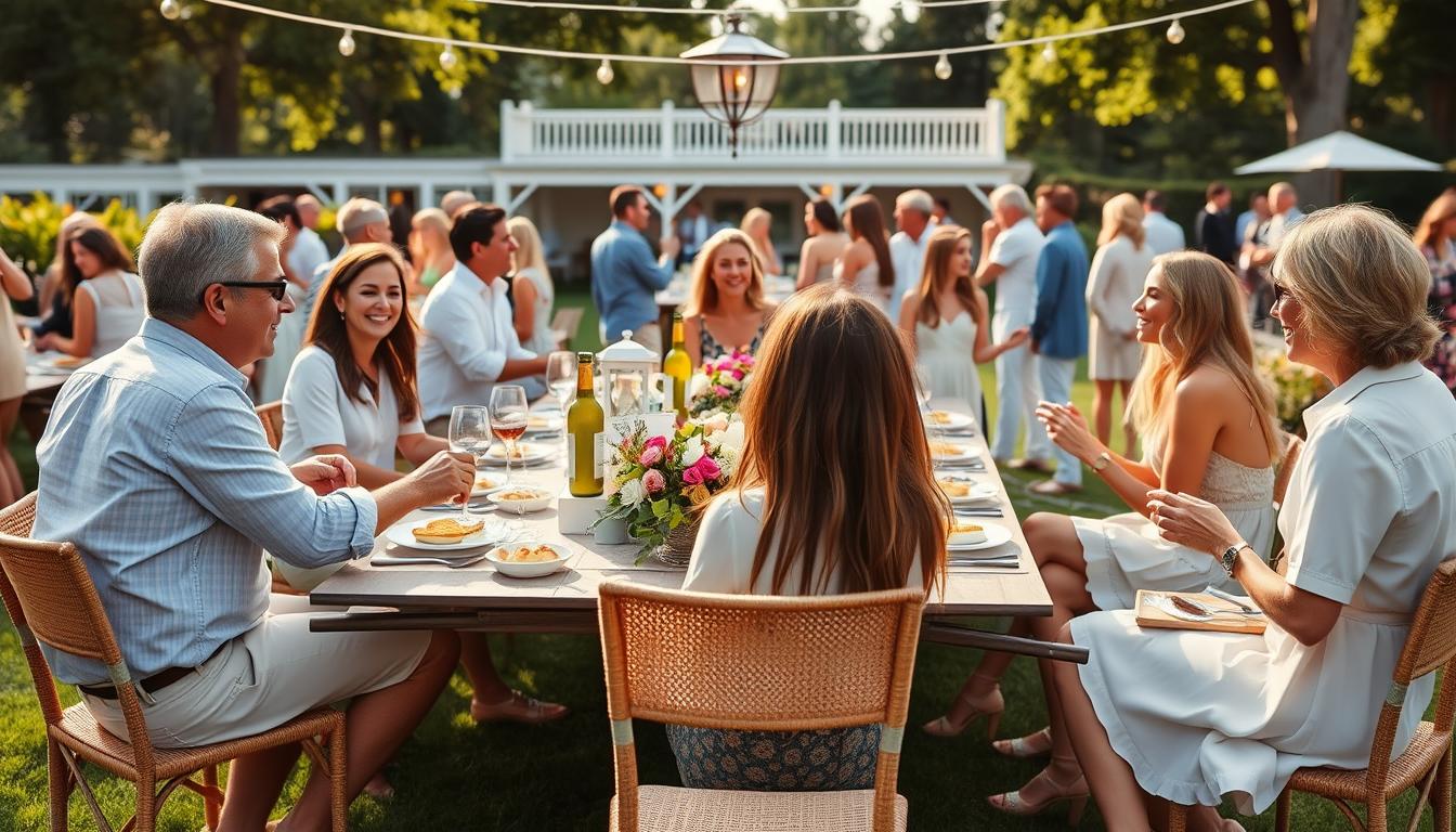 Friends enjoying an elegant Country Club Brunch Party with perfect table settings, food, and atmosphere