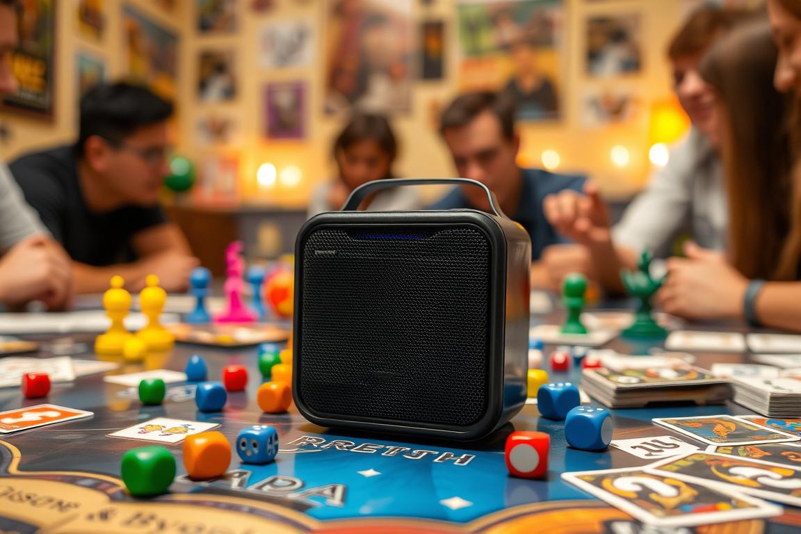 A bluetooth speaker playing music at a board game party with game pieces nearby