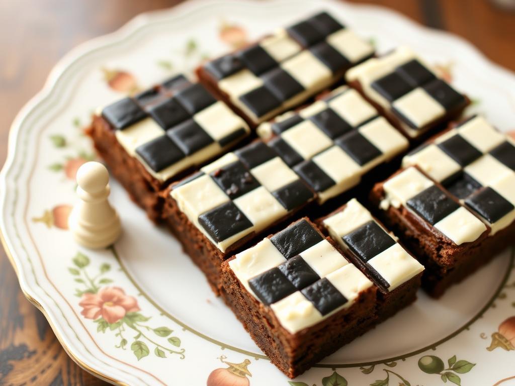 Chessboard brownies with black and white frosting pattern for a board game party