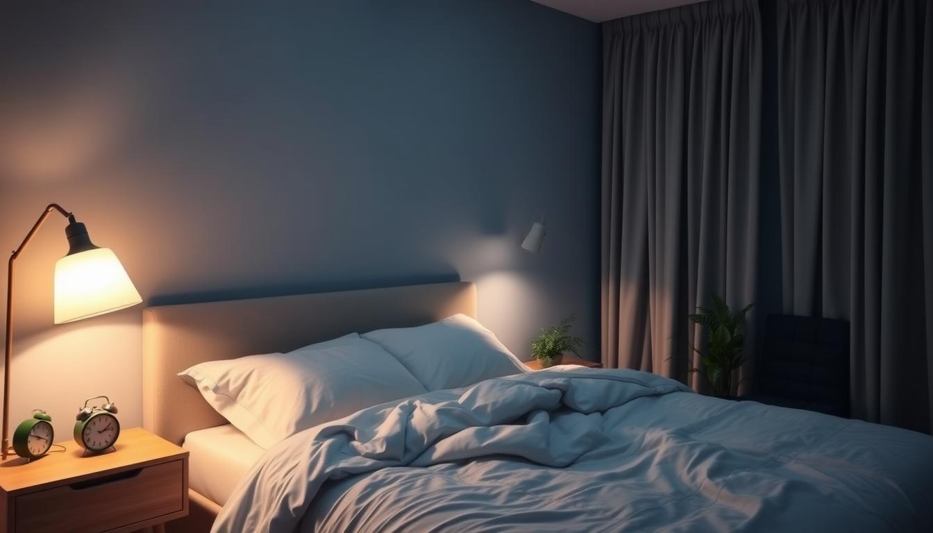 Peaceful bedroom setup optimized for sleep with dimmed lights, no electronics, and calming elements