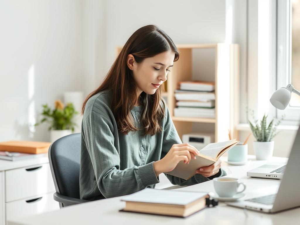 Person engaged in focused reading in a clutter-free environment demonstrating mental clarity