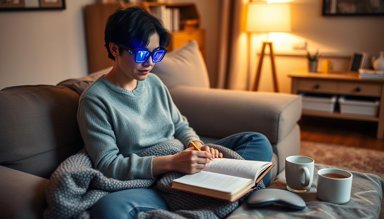 Person using multiple burnout recovery tools in a peaceful home environment