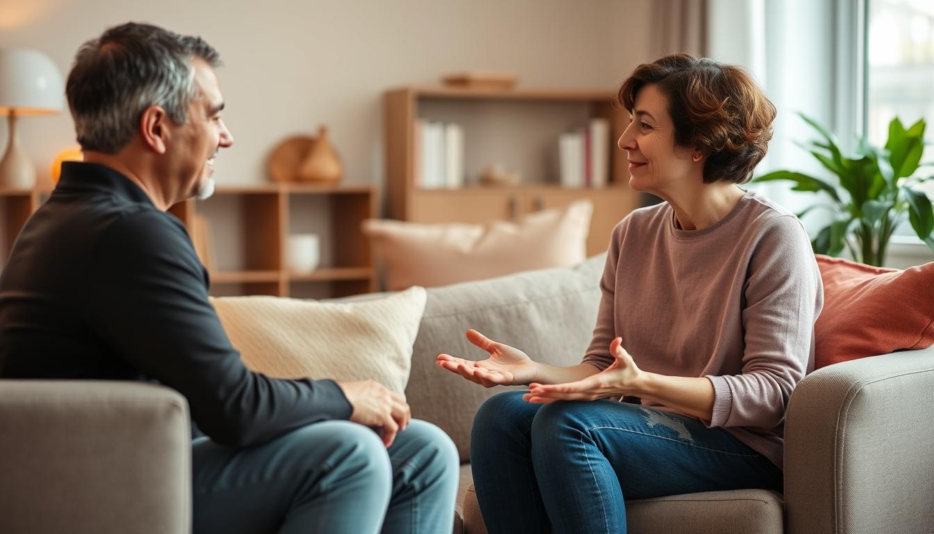 Two people engaged in meaningful conversation in a comfortable setting showing relationship healing