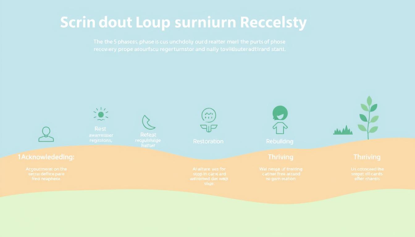 Visual representation of the 5 phases of burnout recovery showing progression from acknowledgment to thriving