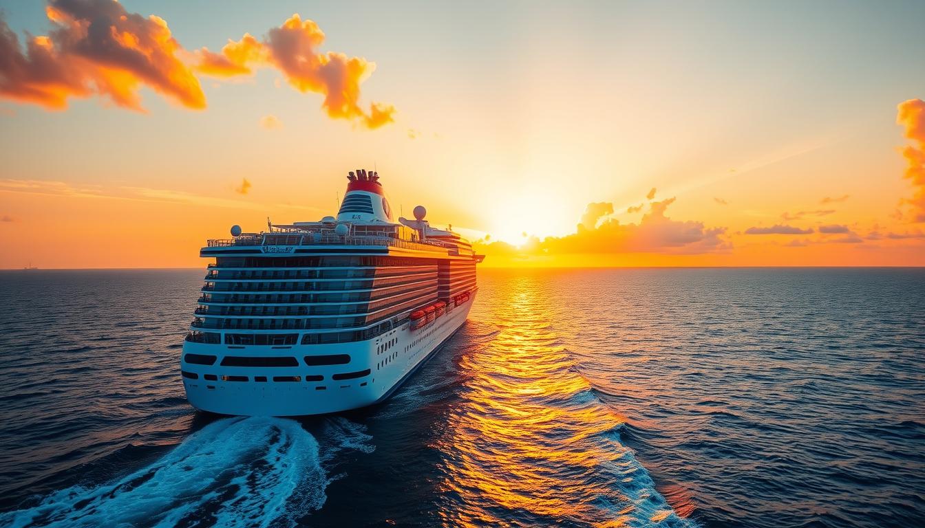 Carnival cruise ship sailing into sunset with wake trailing behind