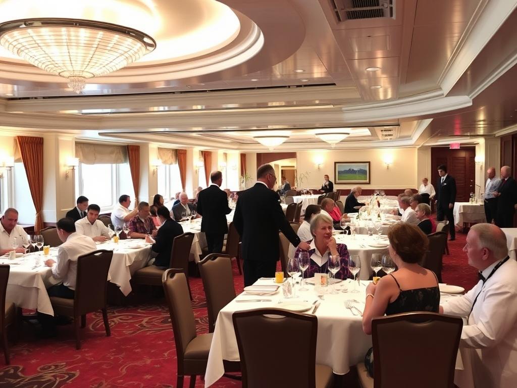 Carnival's main dining room with elegant table settings and waitstaff