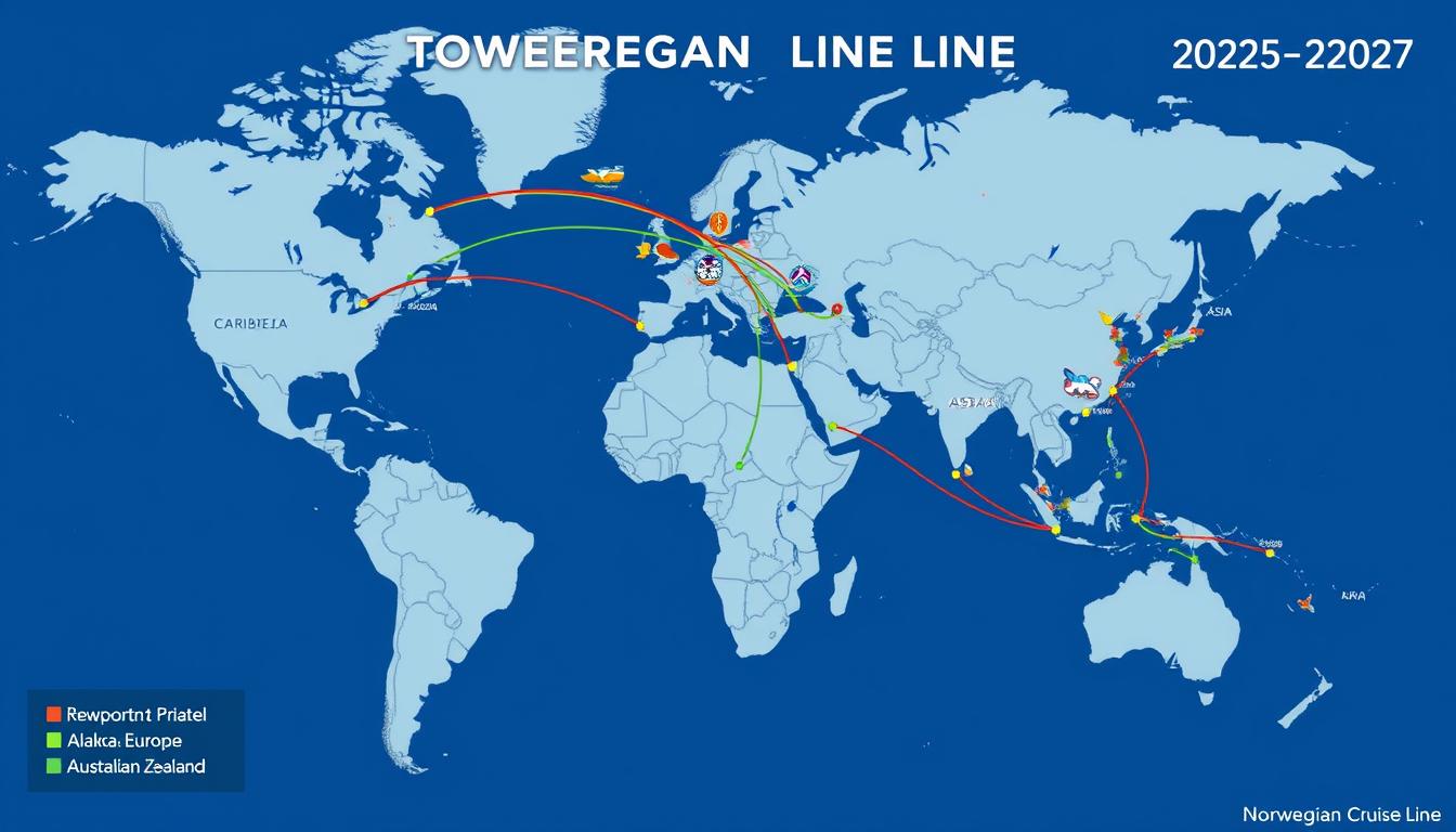 Map showing Norwegian Cruise Lines' global itineraries for 2025-2027 with routes highlighted