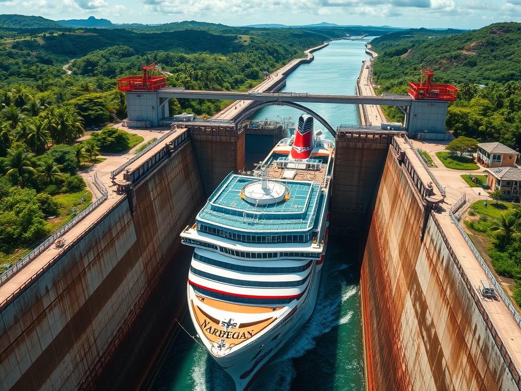 Norwegian Cruise Line ship passing through the Panama Canal with the impressive lock system visible