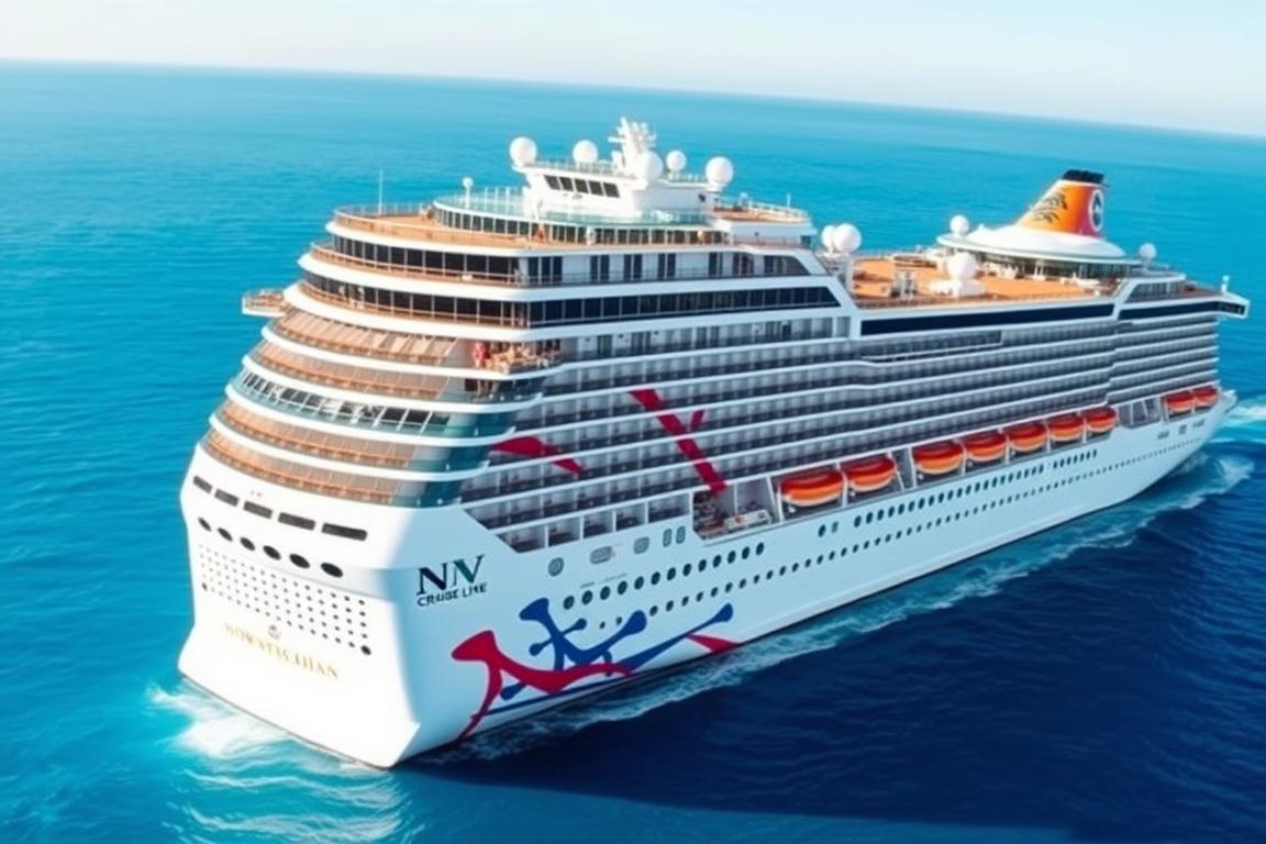 Norwegian Prima ship with its distinctive hull art and innovative features like the three-level racetrack visible on top deck