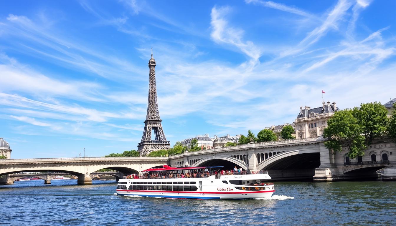 River cruise ship passing under a bridge on the Seine River with the Eiffel Tower visible in the background