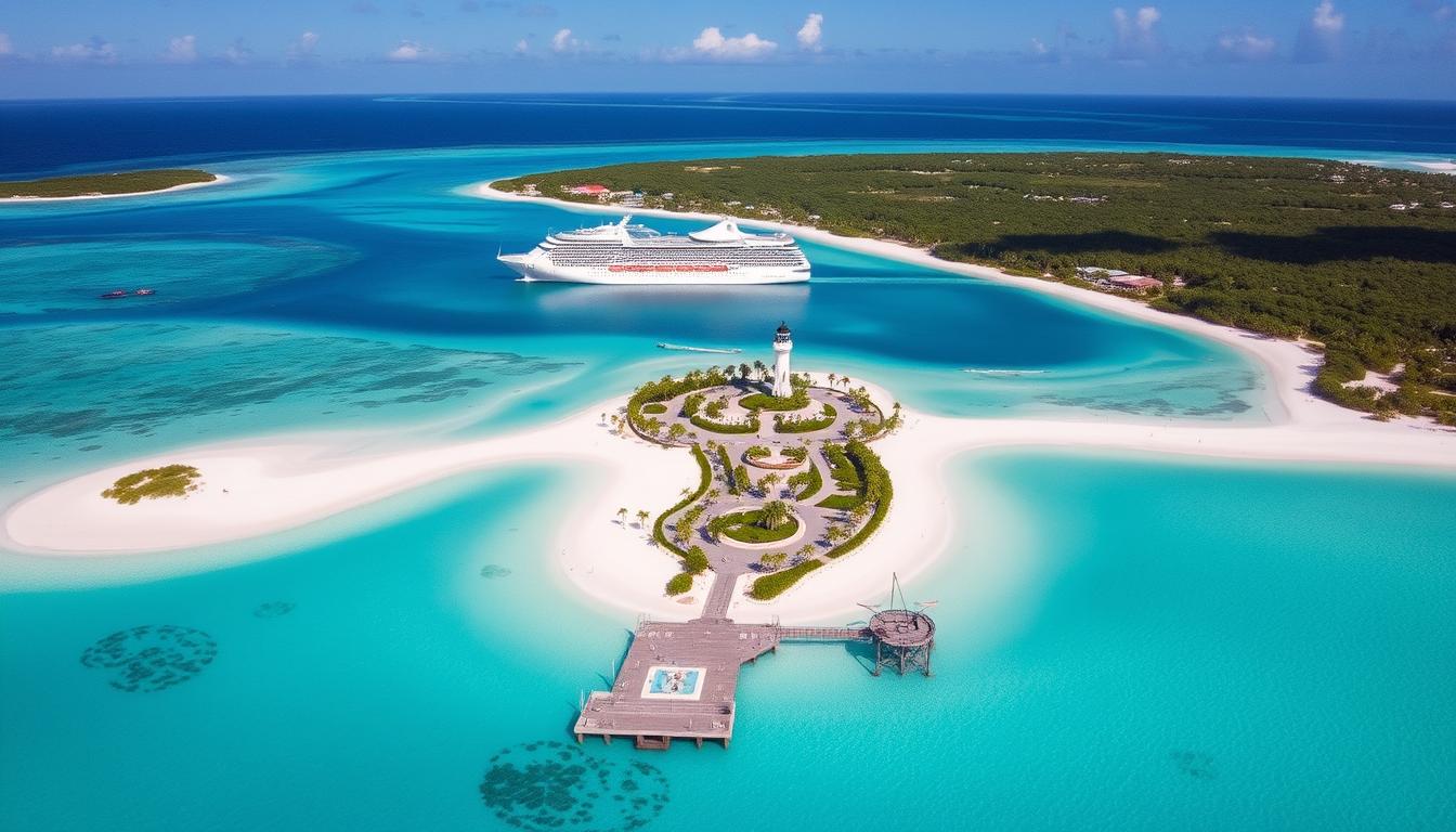 Aerial view of Ocean Cay MSC Marine Reserve private island for MSC Cruise Lines and Itineraries