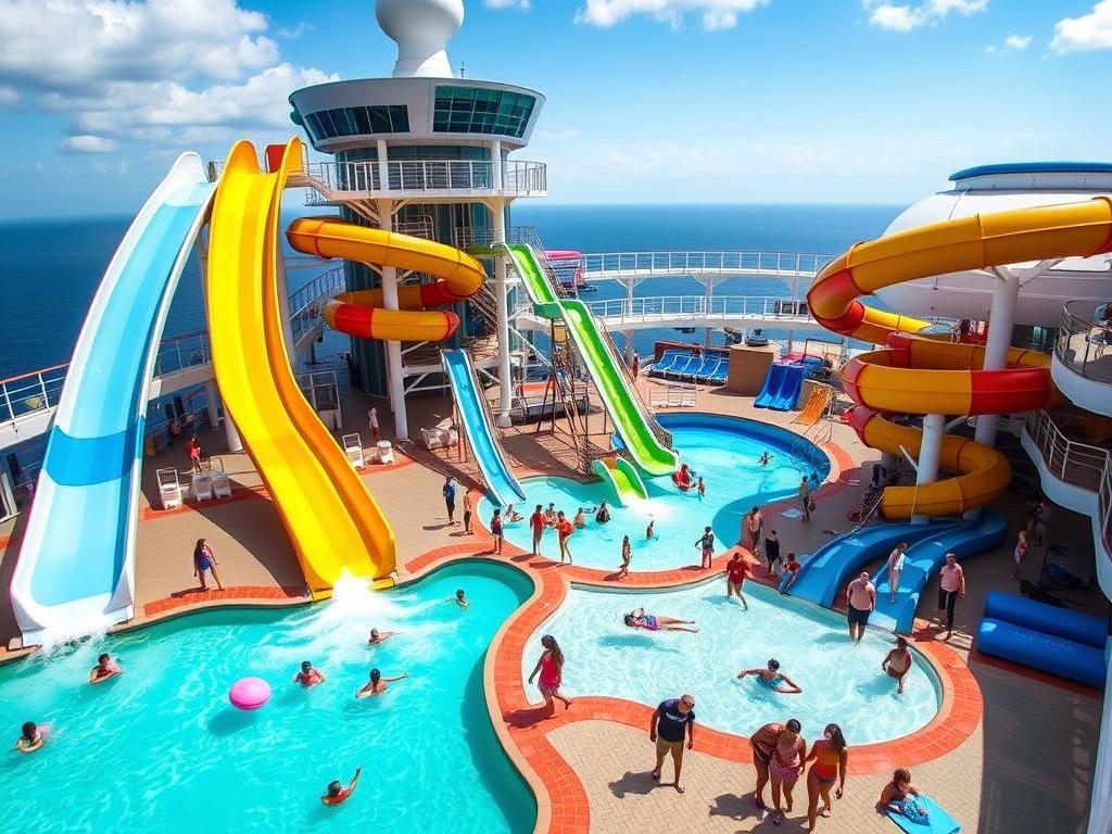 Category 6 waterpark on Icon class ship with multiple waterslides and pool areas