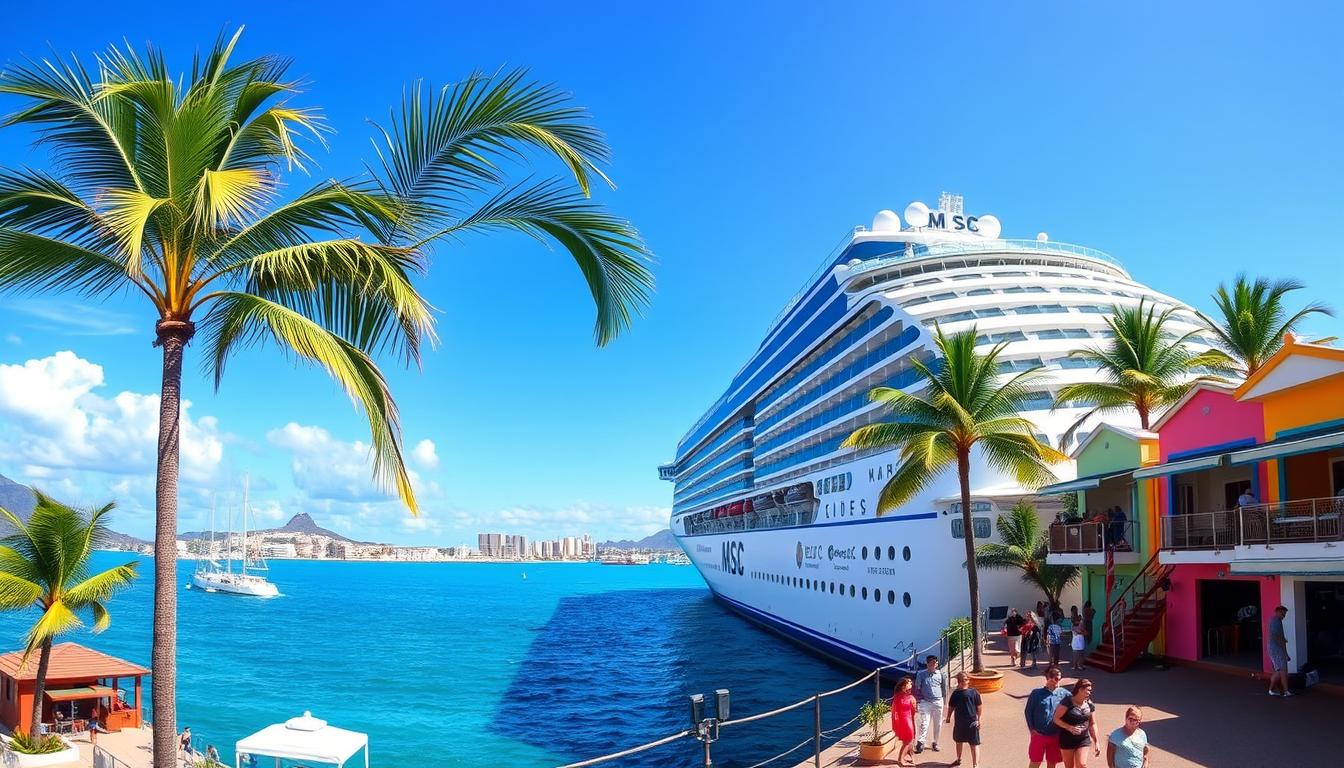 MSC World Cruise ship in exotic port as part of MSC Cruise Lines and Itineraries global program