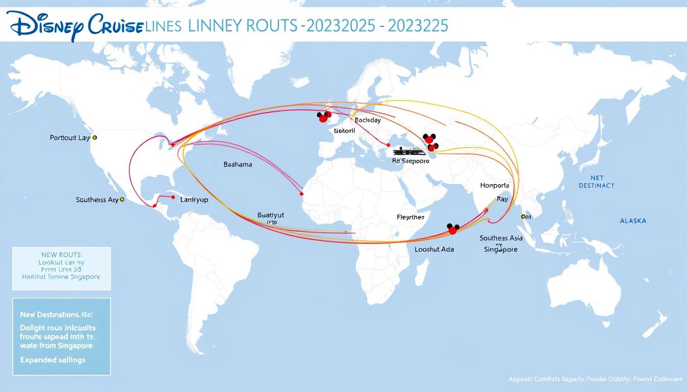 Map showing new Disney Cruise Lines itineraries for 2025-2026 with highlighted routes and destinations