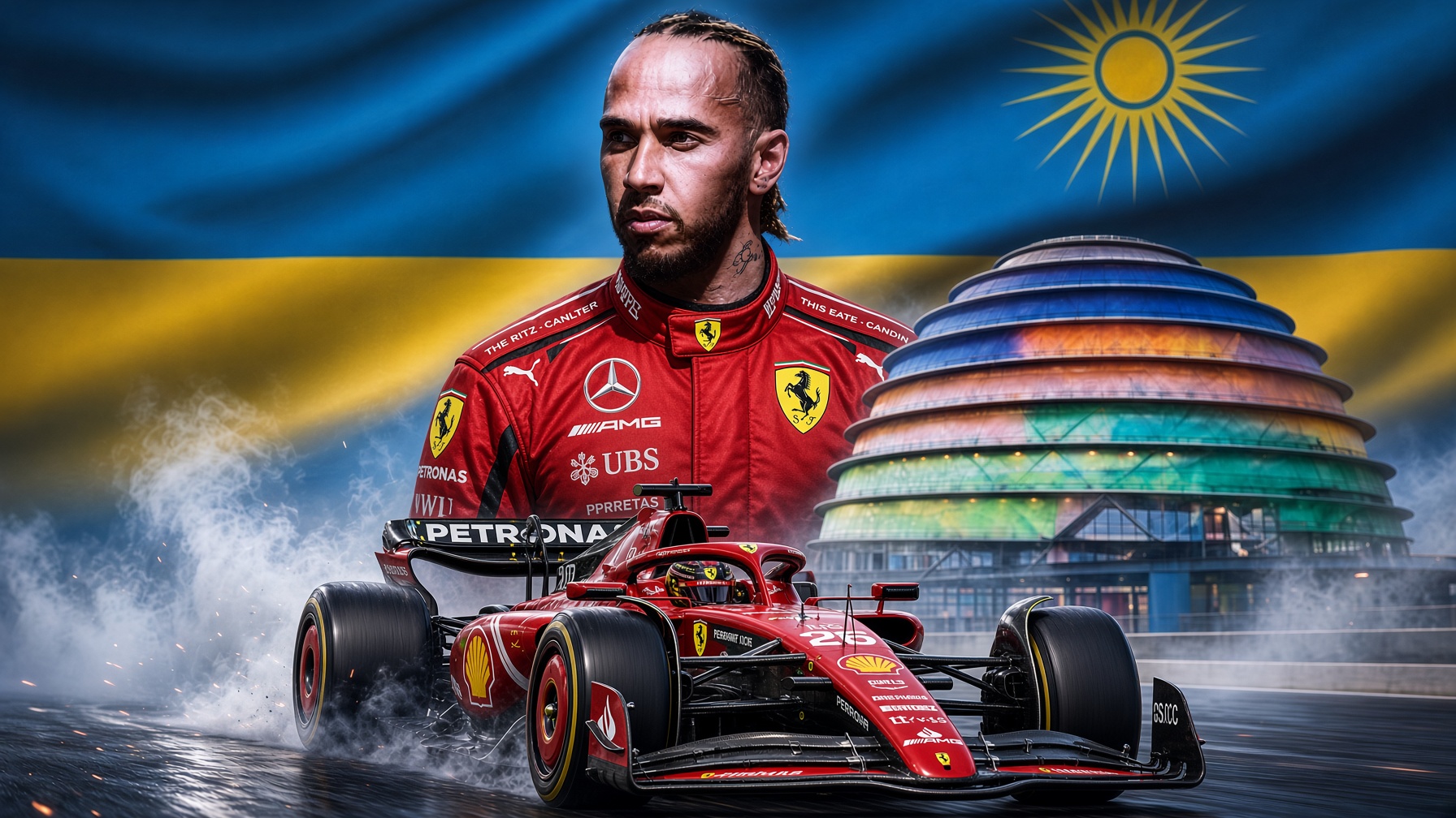 hamilton, a ferrari can and the rwanda flag