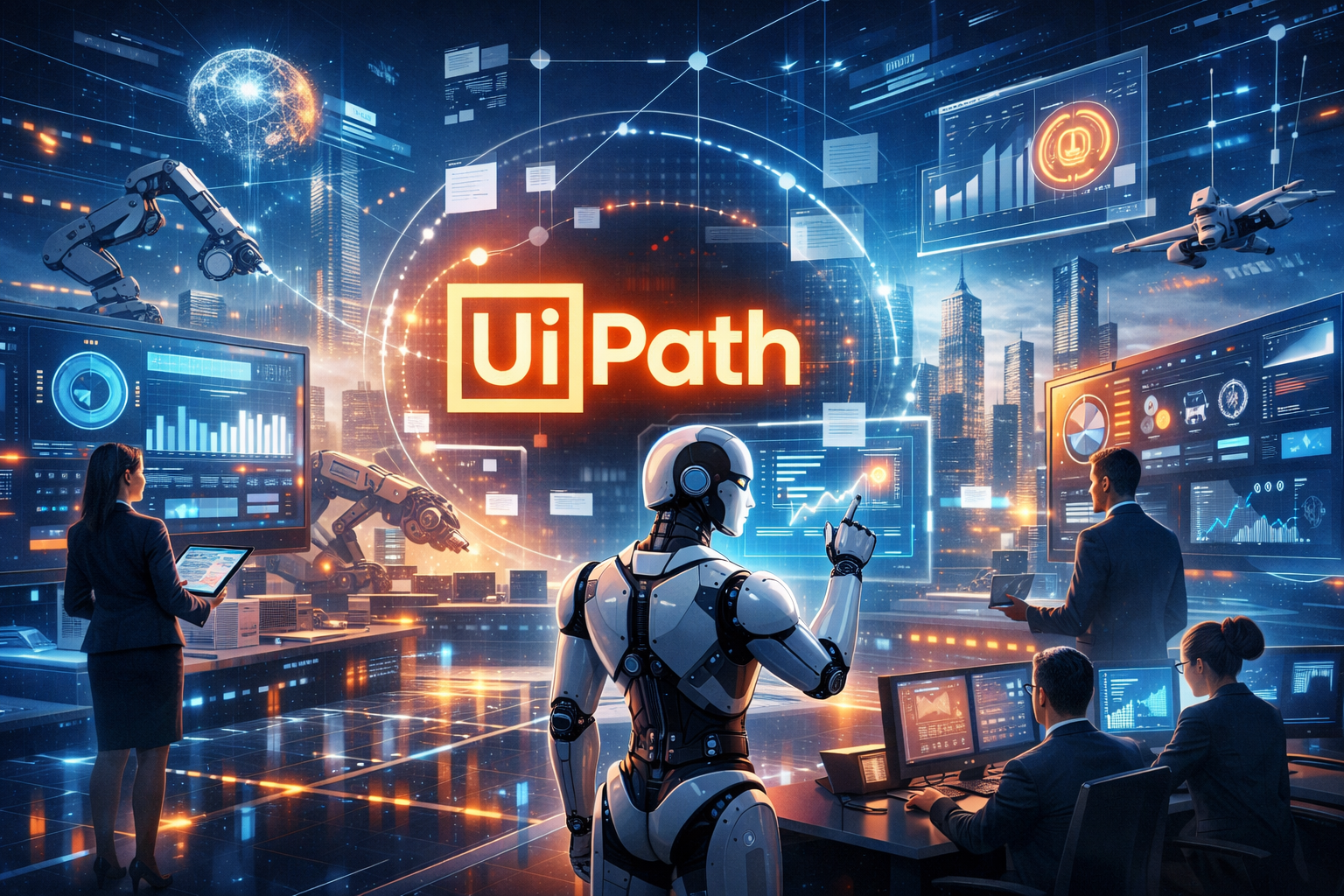 alt="Futuristic AI enterprise automation ecosystem inspired by UiPath (PATH)"