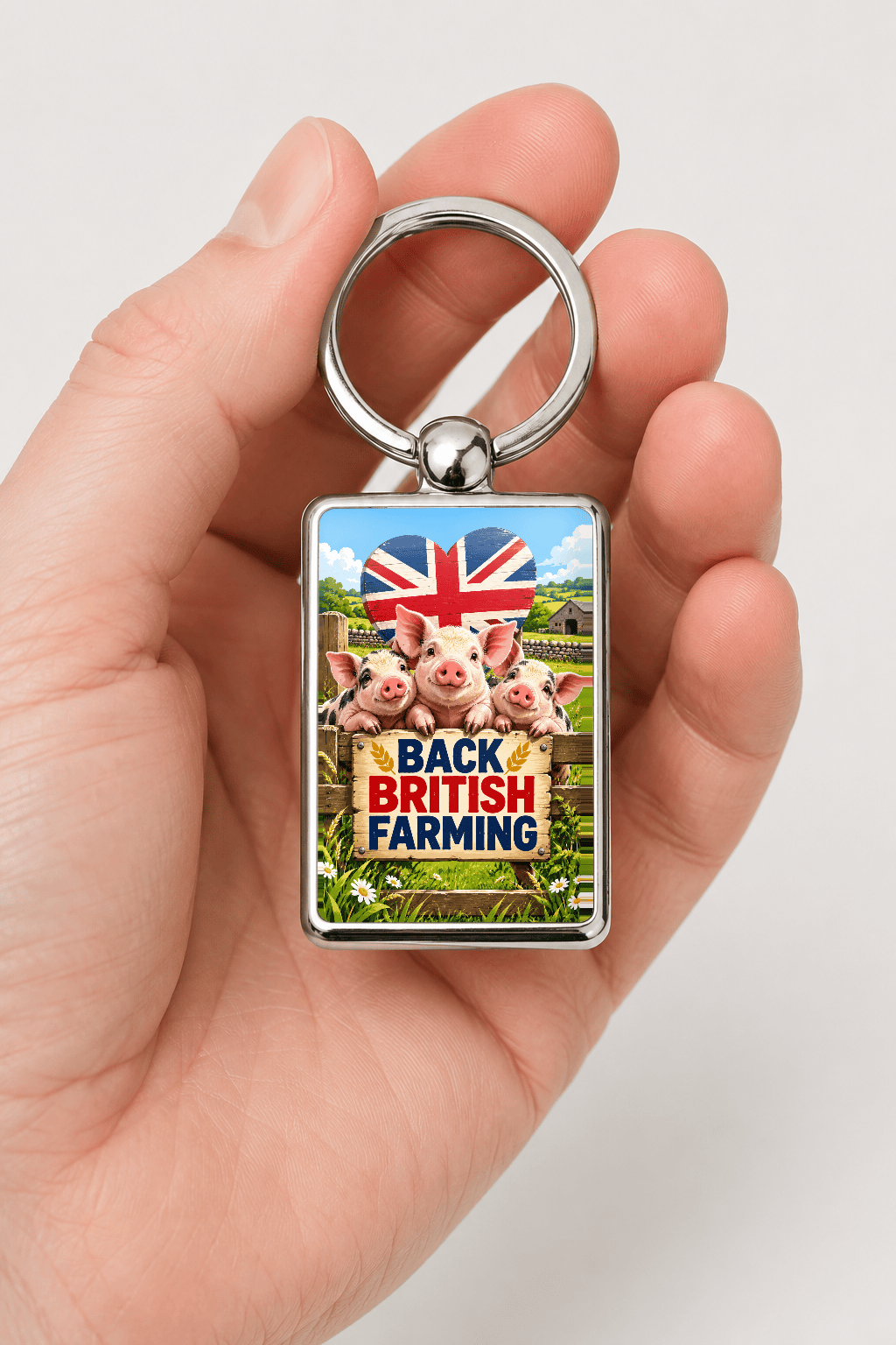 Hand holding Back British Farming pig keyring showing three piglets, Union Jack heart and countryside — British farming gift