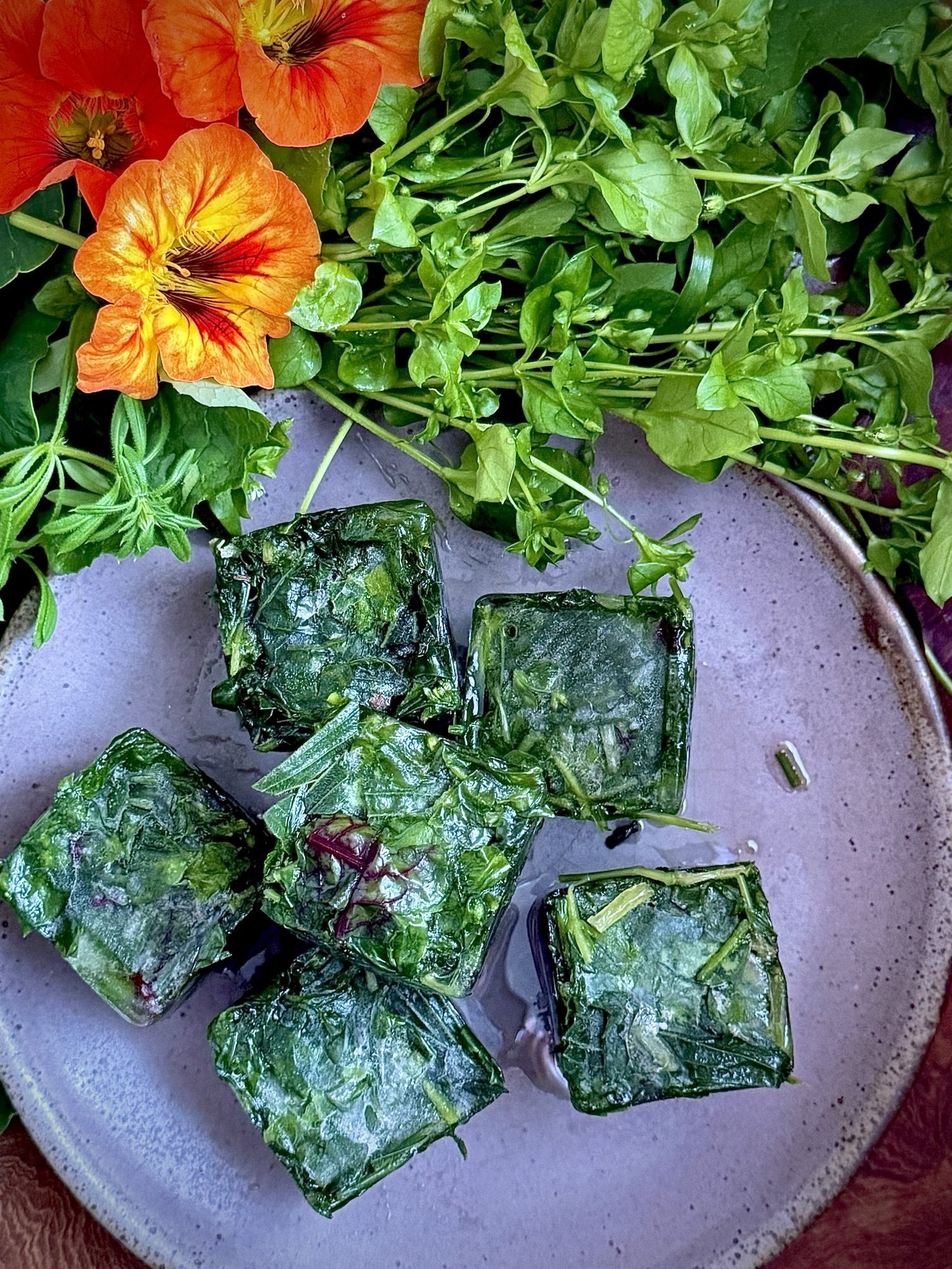Dark green spring-greens smoothie cubes piled in a pale ceramic bowl, with flecks of leafy herbs visible in the frozen mixture. Orange nasturtium flowers and fresh green leaves surround the bowl on a rustic outdoor surface.