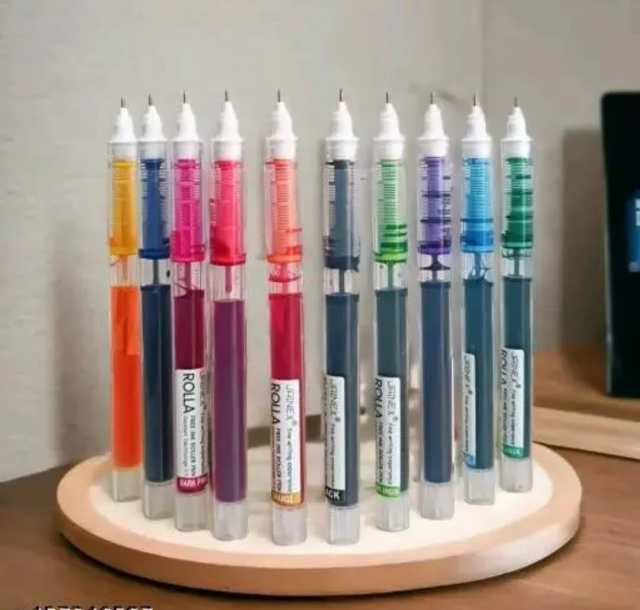 A display of colorful gel pens arranged neatly on a wooden circular stand, featuring a variety of hues including orange, pink, blue, green, and purple.