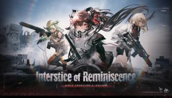 Official Interstice of Reminiscence event art in GFL2 showing Jiangyu in the center with Belka on the left and Andoris on the right, along with the event title