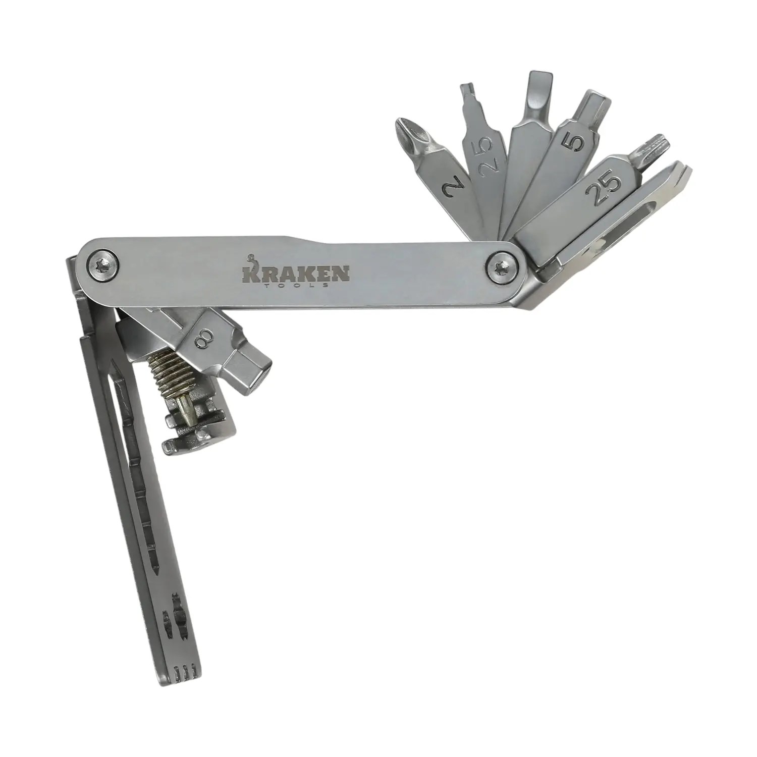 Kraken Tools 17-in-1 Stainless Steel Bicycle Multi-tool, side angle open to show all tools.