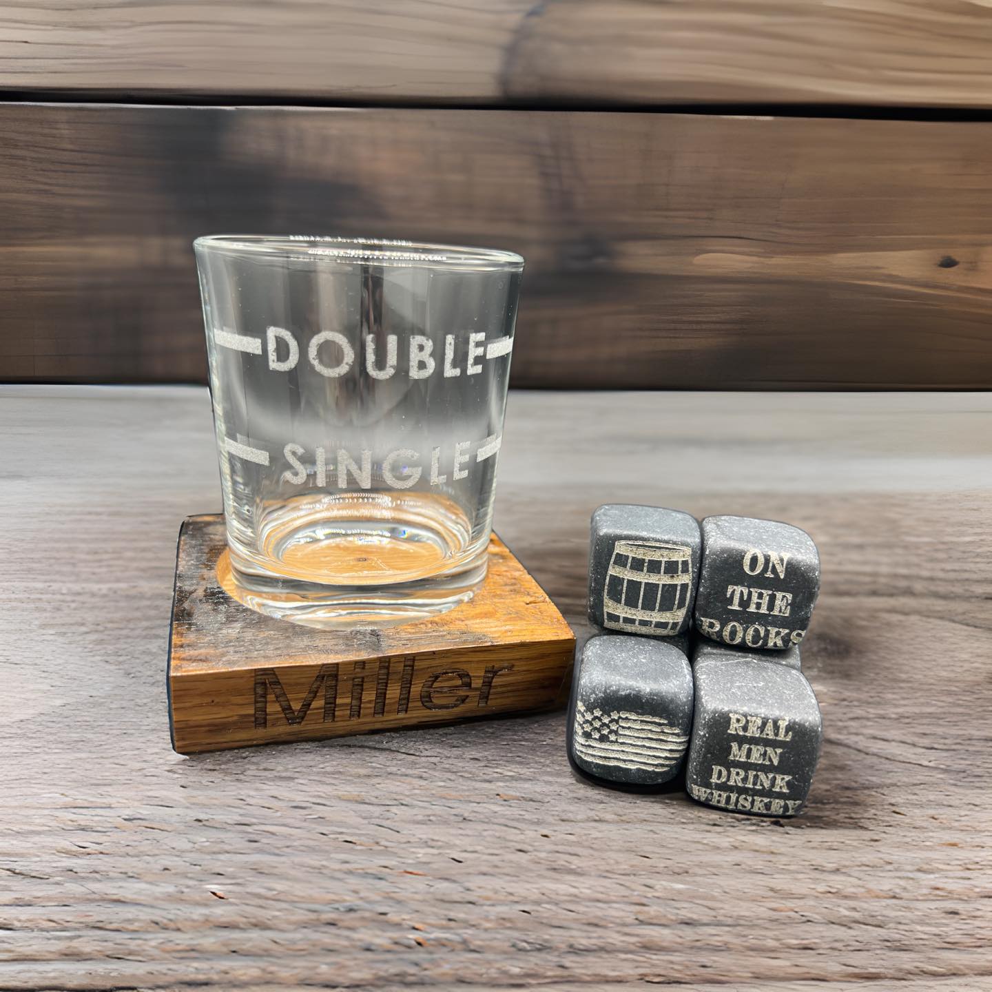 Engraved Glass, Stone Chillers and Wooden Coaster