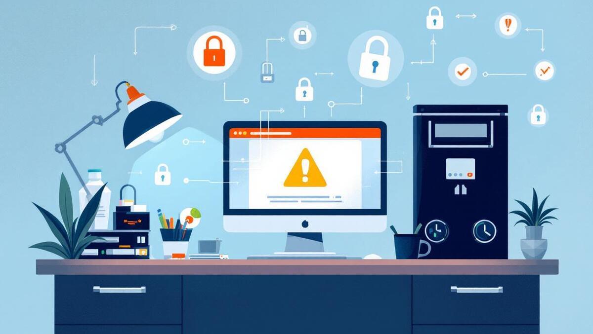 compatible new zealand office workspace with warning on computer surrounded by digital locks alerts