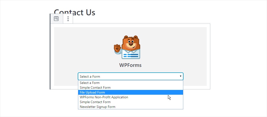 Select the service agreement form from the dropdown box and add it to your page