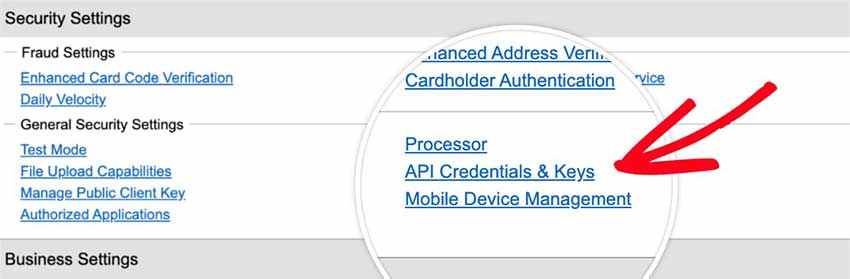 Open API Credentials and Keys page in Authorize Net-account