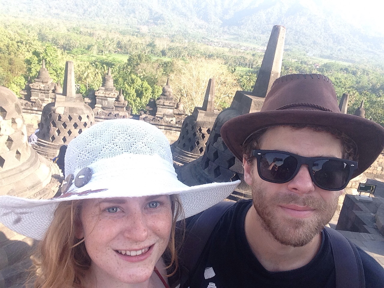 Wearing our fancy hats at Borobudur
