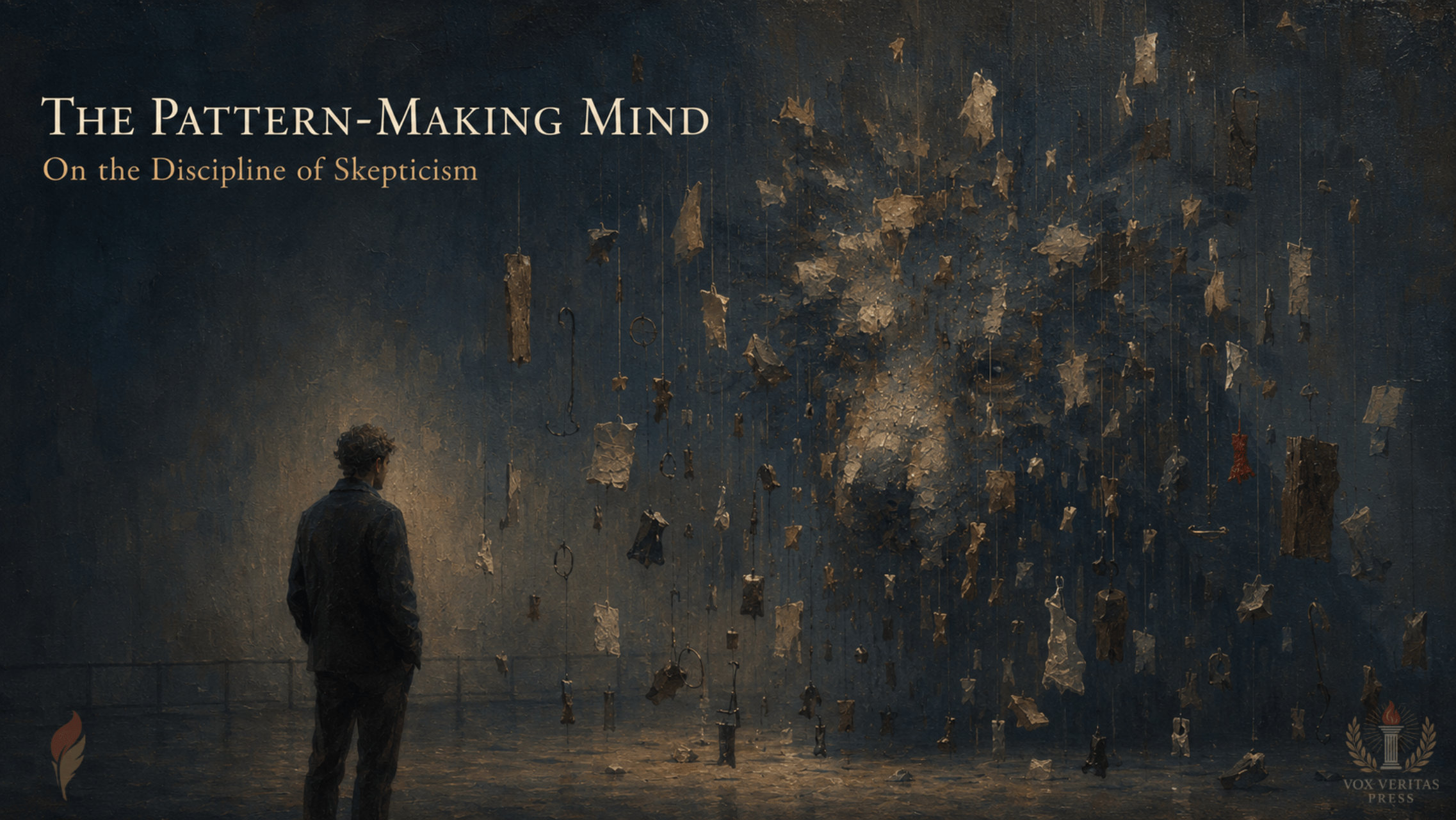 Oil-painting thumbnail for “The Pattern-Making Mind,” showing a solitary observer studying suspended fragments that suggest a wolf-like form from one perspective.