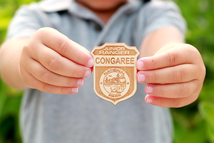 boy holding junior ranger badge