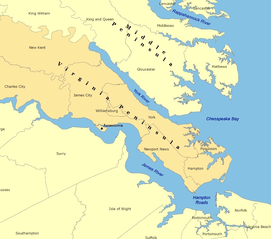 Jamestown Peninsula Map Jamestown Colony History Foundation Virginia Peninsula 